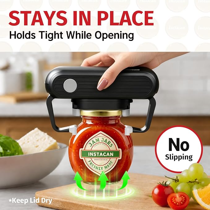 INSTACAN Effortless Electric Jar Opener Easy Opens Twist-Lid, One Handed Automatic Jar Opener for Weak Hands & Seniors with Arthritis, Battery Operated Essential Kitchen Gadgets Gift for Home