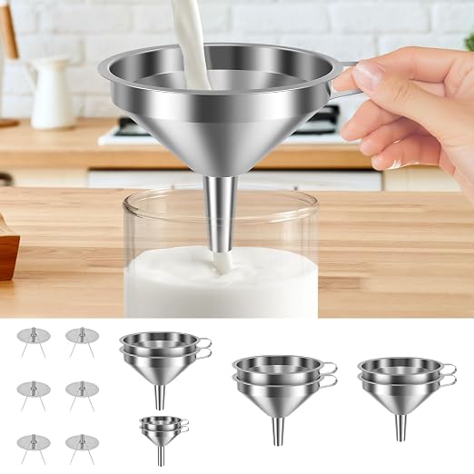 14 Pack Stainless Steel Funnels with 6 Fine Mesh Strainers, 4 Sizes 2.2-5.9 Inches Food Grade 304 Metal Kitchen Funnel Set for Filling Bottles, Oil, Jam, Juice, Wine, Milk, Powder, Canning