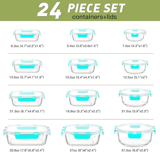 BAYZZ 24 Piece Glass Food Storage Containers with Lids, Airtight Glass Meal Prep Containers for Kitchen, BPA-Free Lunch Box, Microwave and Freezer Safe,Green
