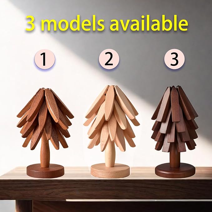 Wooden Cup Coaster Set,Christmas Tree Shape Trivet Set,4 Wooden Trivets and 1 Stand for Hot Pots and Pans Collapsible Coasters Heat Resistant Pads for Kitchen Counter (Sapele)
