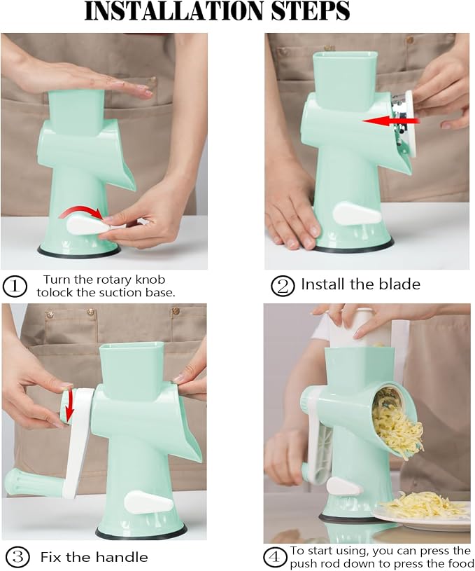 Cheese Grater with Handle,Multifunctional Rotary Cheese Grater,Kitchen Cheese Shredder Can Easily Chop Vegetables,Potatoes,Carrots,Etc.The Suction Cup is Stable and Easy to Clean (light green)