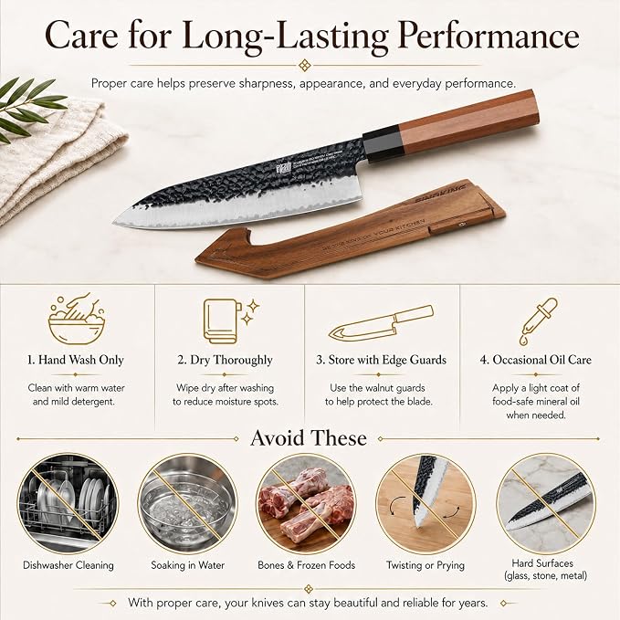 FINDKING Kitchen Knife Set with Individual Wooden Blocks, 4 Japanese Knives with Walnut Edge Guards, High Carbon Steel Blades, for Meat, Fruits, Vegetables, Dynasty Series