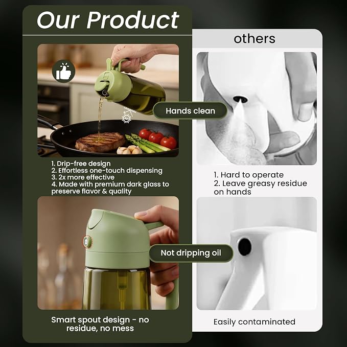 Oil Dispenser Glass Bottle, 16oz/470ml, 2 in 1 Oil Sprayer and Pourer, Light-Blocking Dark Glass, for Cooking, Air Fryer, Salad, BBQ (Green)