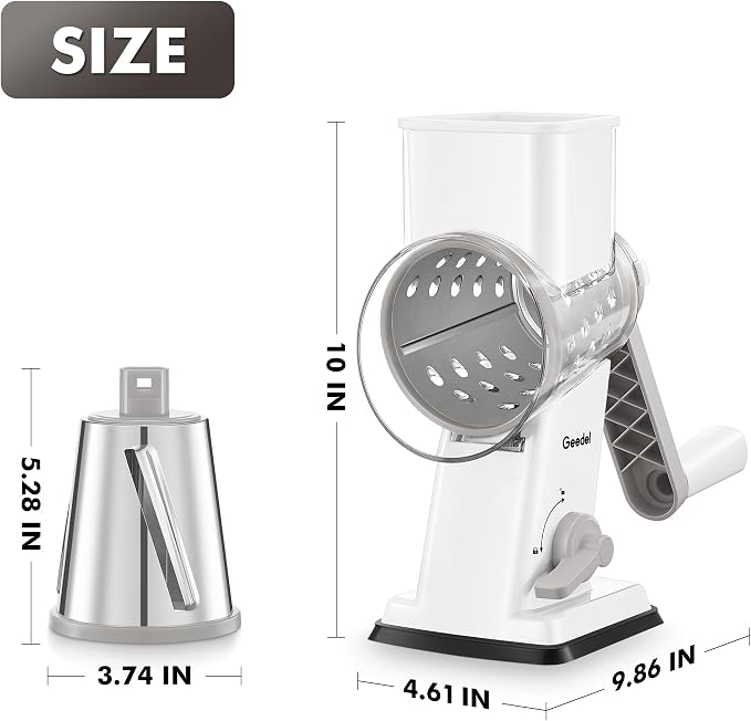 Geedel Rotary Cheese Grater - Upgraded Vegetable Shredder with 4 Interchangeable Blades, Easy to Clean Cheese Shredder with Handle, Kitchen Grater Nuts Grinder for Cutting Cheese, Vegetable, Nuts