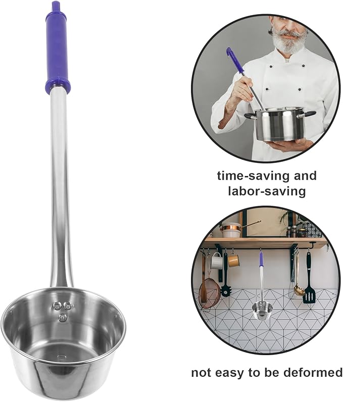 MAGICLULU 15 Inch Long Handle Water Scoop, Stainless Steel Metal Ladle with Blue Grip for Kitchen Cooking, Deep Pot Soup Spoon, Versatile Canning Dipper, Hangable Home Garden Cooking Utensil