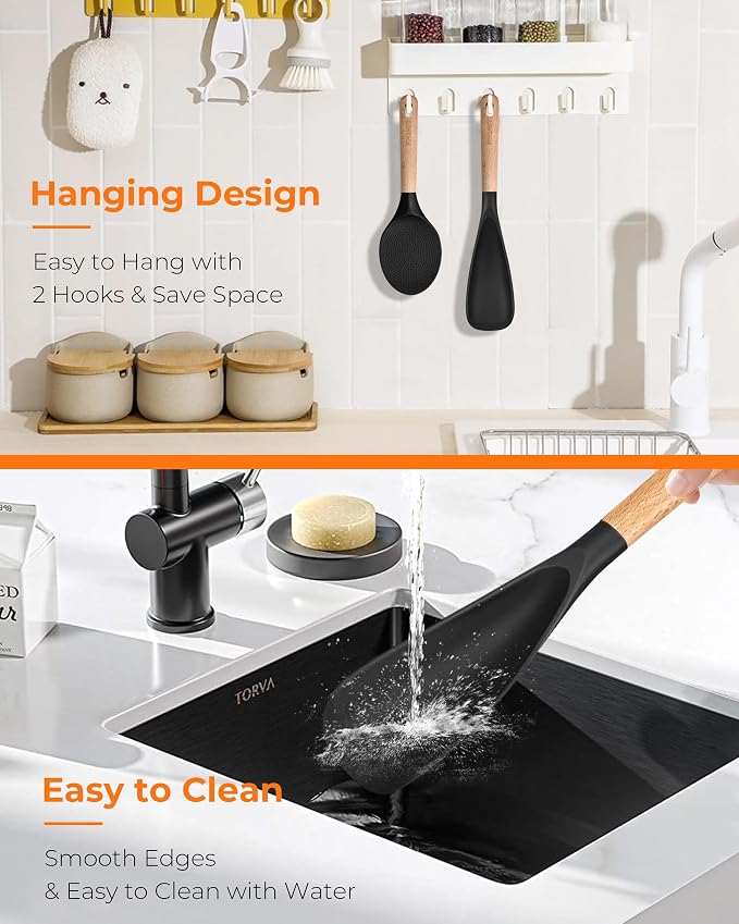 Cooking Spoon Multifunction Spoonula Silicone Spatula Spoon 2-Pack, Dual-Use Heat Resistant 446°F, BPA-Free Non-Toxic Wooden Handle Rice Spoon Set for Non-Stick Cookware & Rice Cookers (Black)