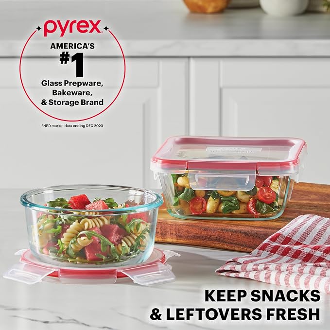 Pyrex Freshlock (7-Pack) Glass Food Storage Containers Set (1, 2, 4 Cup) | Meal prep containers with airtight locking lids, freezer, dishwasher, & microwave safe
