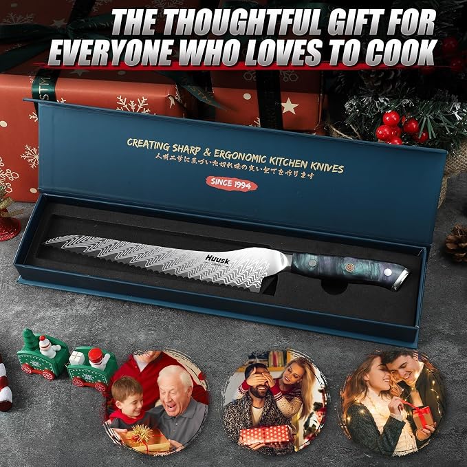 Huusk Serrated Bread Knife 8", Stainless Sourdough Bread Knife with Resin Handle & Cover for Homemade Breads Slicing, Hand Sharpened Breads Cutting Knives for Cake, Bagels, Baguettes, Gift Box