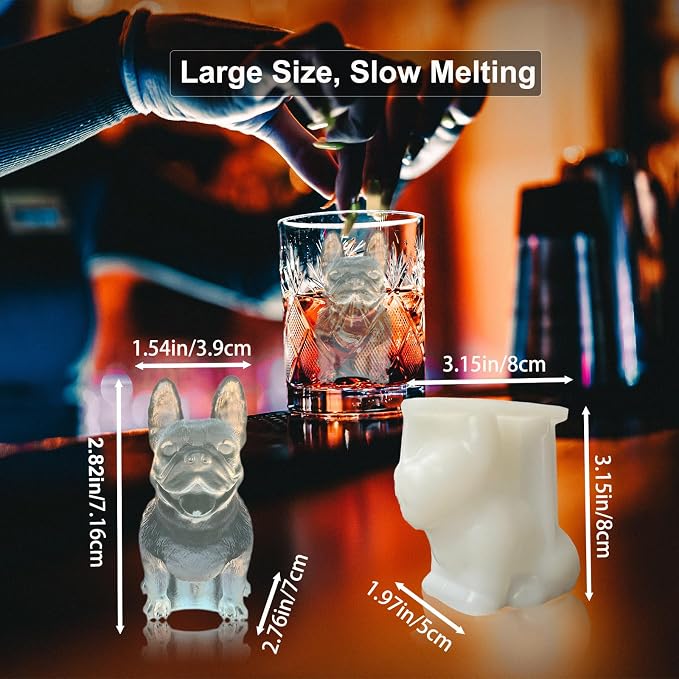 3D French Bulldog Ice Cube Molds Tray Silicone for Whiskey, Cocktail, Coffee Juice Drink; Fun Animal Shape, Christmas Gifts for Bulldog Lovers, Women, Kids; Chocolate Epoxy Resin Molds 2 Pack