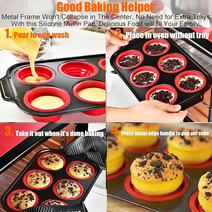 Muffin Pan, 6-Cup Nonstick Silicone Muffin Pans for Baking, Food-Grade Cupcake Pan for Oven, Microwave, Dishwasher Safe, BPA-Free Silicone Baking Mold for Muffins, Cupcakes, Egg Muffins