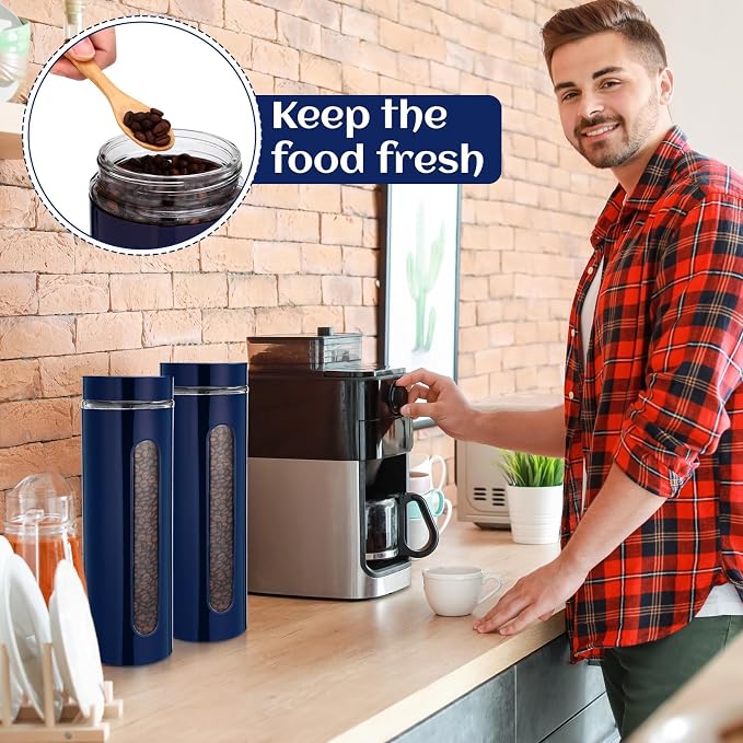 6 Pack Kitchen Canisters Set Airtight Coffee Sugar Tea Storage Jars with Window Glass Stainless Steel Containers with Lids for Flour Cookies Spices Grains Kitchen Decorations(Navy Blue,60 oz)