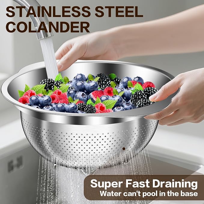 Colander, Strainer Bowl, Stainless Steel Colander, Rice Washing Bowl, Pasta Strainer & Vegetable Washer, Kitchen Strainer with Mixing Bowl for Draining, Food Prep, Dishwasher Safe, 5QT