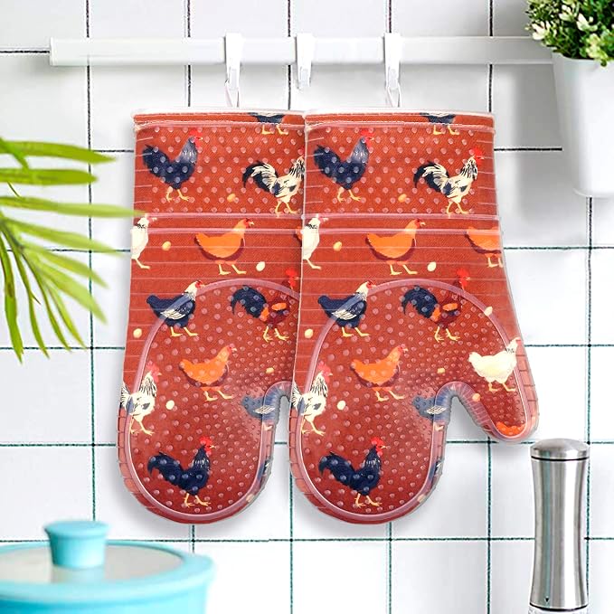 Oven Mitts Set of 2 with Transparent Clear Silicone Shell and Nice Shell Flower Cotton Lining, Heat Resistant to 500 F Kitchen Oven Gloves Pot Holder for Cooking (Rooster, Oven Mitts)