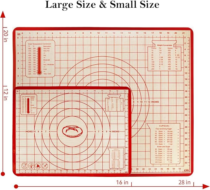 Silicone Baking Mat Set, 28x20 & 16x12 Inch, Red (2 Pack) | Food-grade silicone; non-stick, non-slip; dough kneading board; measurement markings