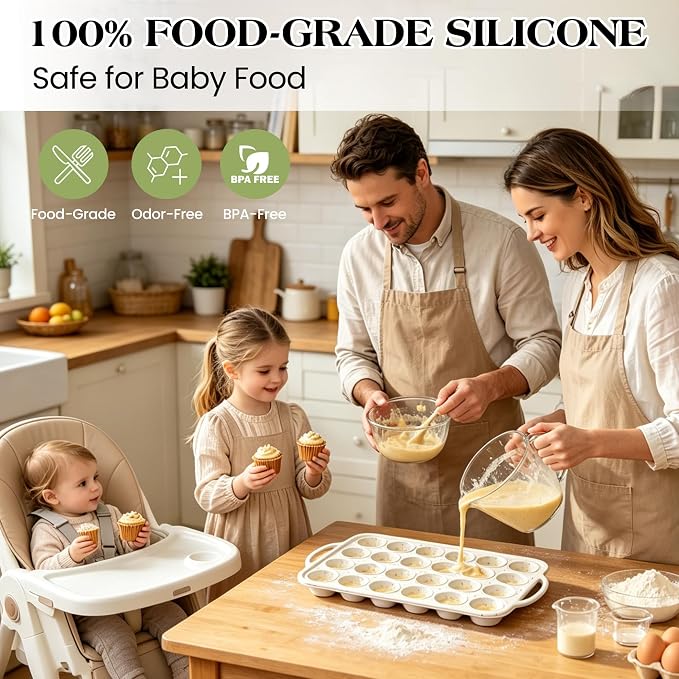 3 Pcs Silicone Baking Pan Set with Metal Reinforced Frame- Including Mini Loaf Pan, Standard Muffin Pan and Mini Muffin Pan(Cream)