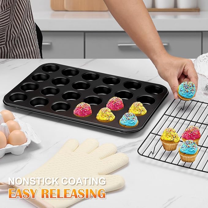 E-far Mini Muffin Pan, 24-Cup Nonstick Carbon Steel Cupcake Pan for Baking | Muffin Tin for Mini Muffins & Cupcakes, Warp-Free for Even Baking & Easy Release, Oven Safe