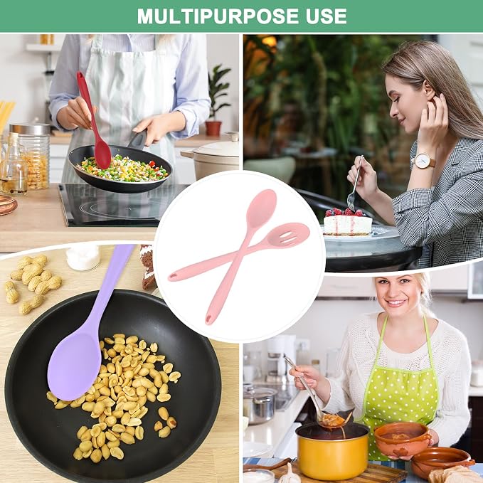M METERXITY 2-Pack Silicone Cooking Spoons, 10.6" Mixing Nonstick Slotted and Solid Serving Spoons, Heat Resistant Utensils for Kitchen/Cooking/Baking/Stirring