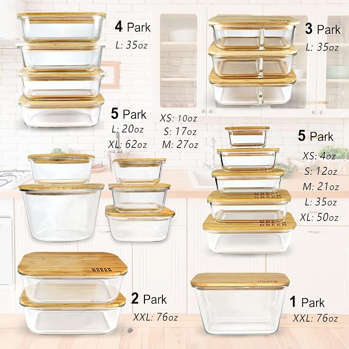 Glass Containers with Bamboo Lids, Meal Prep Glass Food storage Container Set, 5 Pack, Pantry & Kitchen Organizer, Microwave, Oven, Freezer Safe