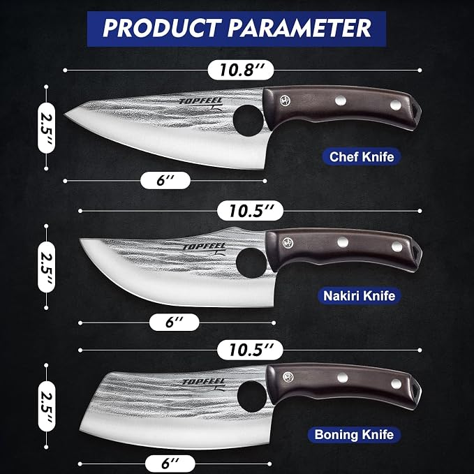 Topfeel 3PCS Butcher Knife Set Hand Forged chef knife Boning Knife, High Carbon Steel Meat Cutting Knives for Kitchen Camping BBQ…