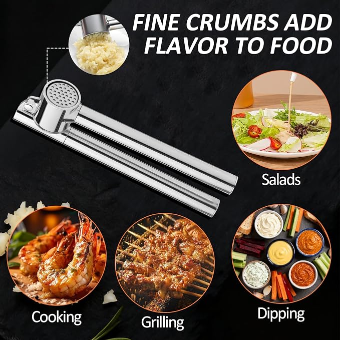 VINATO Stainless Garlic Press, Stainless Steel Kitchen Utensils, Garlic Crush for Kitchen with Peeler and Cleaning Brush, Professional Manual Chopper and Practical Kitchen Gadget