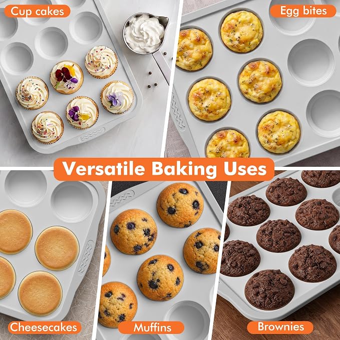 2 Pack Silicone Muffin Pan for Baking with Metal Reinforced Frame, Foldable 12 Cup Regular Size Nonstick Cupcake Pan, Muffin Tray for Baking, Dishwasher Safe Egg Bite Molds for Oven,White