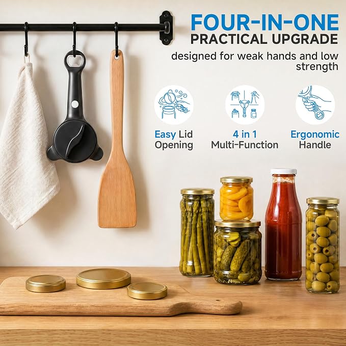 2026 Upgraded 4-in-1 Jar Opener - Adjustable Stainless Steel Lid Remover for Seniors & Arthritis Sufferers, Fits Kitchen Jars, Bottles & Cans Black(2Pcs)