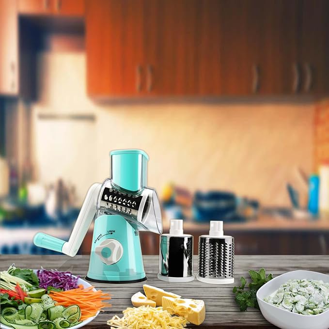 Round Mandoline Drum Slicer Rotary Cheese Grater Veggie Slicer Vegetable Carrot Shredder Nut Chopper Blue