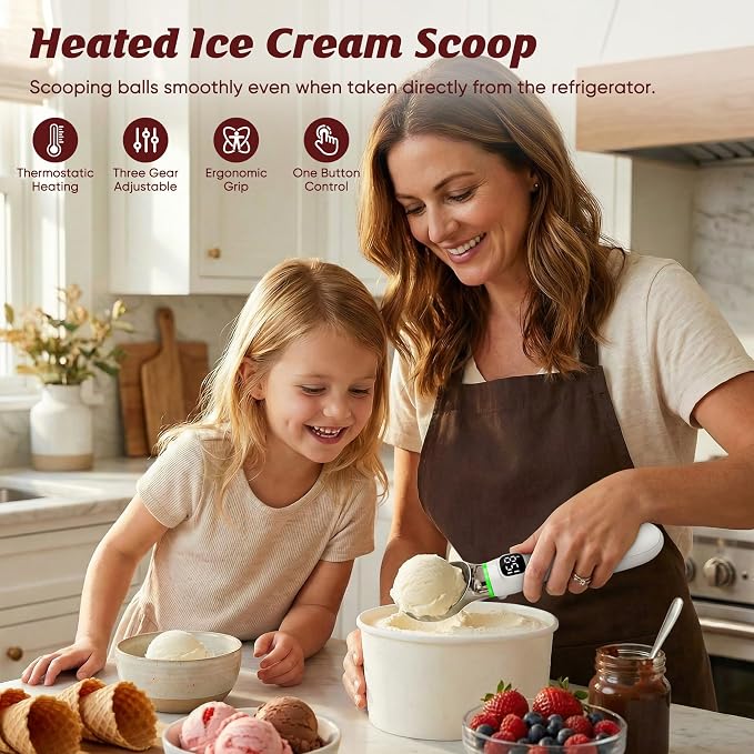 Heated Ice Cream Scoop, Rechargeable Electric Ice Cream Scoop with LED Display, 3 Heat Levels 122°F/140°F/158°F, Nonstick Ice Cream Scooper for Hard Ice Cream, Gelato, Frozen Yogurt & Sorbet (White)