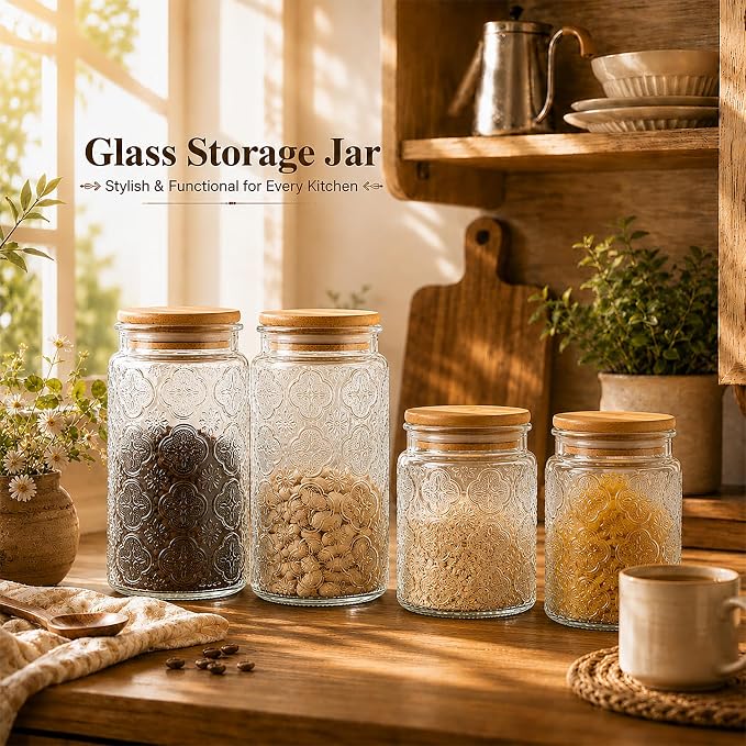 Glass Storage Jars With Airtight Lid, 35oz Canister For Kitchen Counter with Bamboo Lid, brown sugar, candy, coffee, cookie, salt, tea,pantry cute Jar (35oz Large Begonia Flowers)