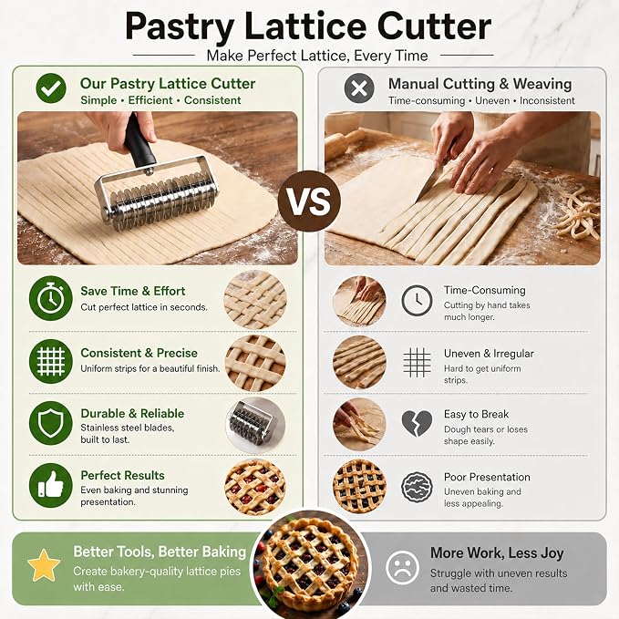Pastry Lattice Roller Cutter, Stainless Steel Multi-Wheel Dough Cutter with Comfortable Grip Handle, Pie Crust Strip Cutters for Pastry, Pizza Dough, Bread & Beef Wellington