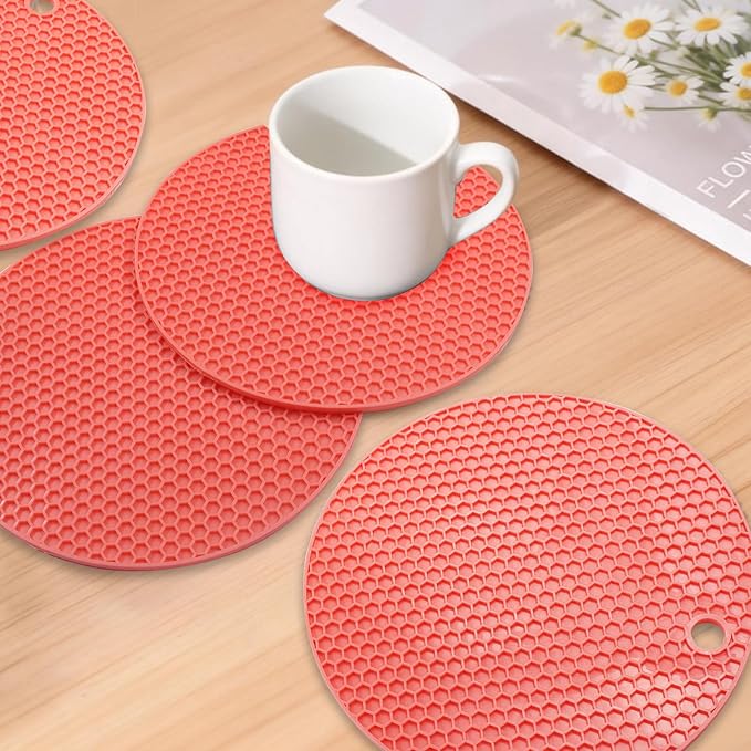 4 Pack Round Silicone Trivet Mats, Red | Heat Resistant, For Pots, Bowls, and Countertops