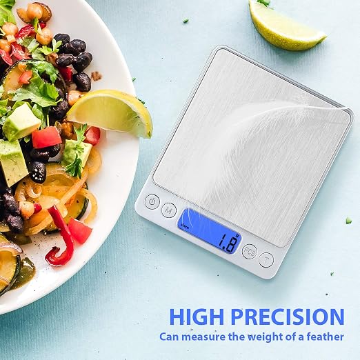 Food Scale, Rechargeable Kitchen Scale with Trays 3000g/0.1g, Mini Scale with Tare Function Digital Scale Grams and Ounces for Weight Loss, Dieting, Cooking, Meal Prep, Coffee, Jewelry