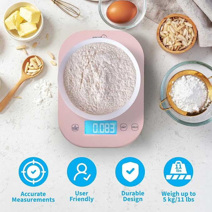 Food Scale, 11lb Pink Compact Digital Kitchen Weighing Scale with LCD Tare, 1g/0.1oz Precision, Grams and Ounces for Baking, Cooking, Calorie Tracking, Meal Prep and Weight Loss - Smart Weigh
