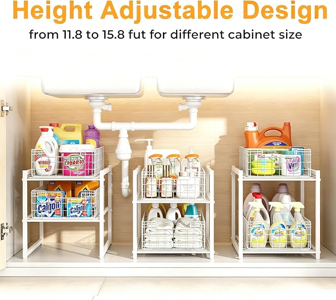 Under Sink Organizer, 2-Tier Pull Out Cabinet Organizer, Kitchen Bathroom Organizer and Storage, Spice Rack for Kitchen, Multi-use Sliding Drawers Shelves