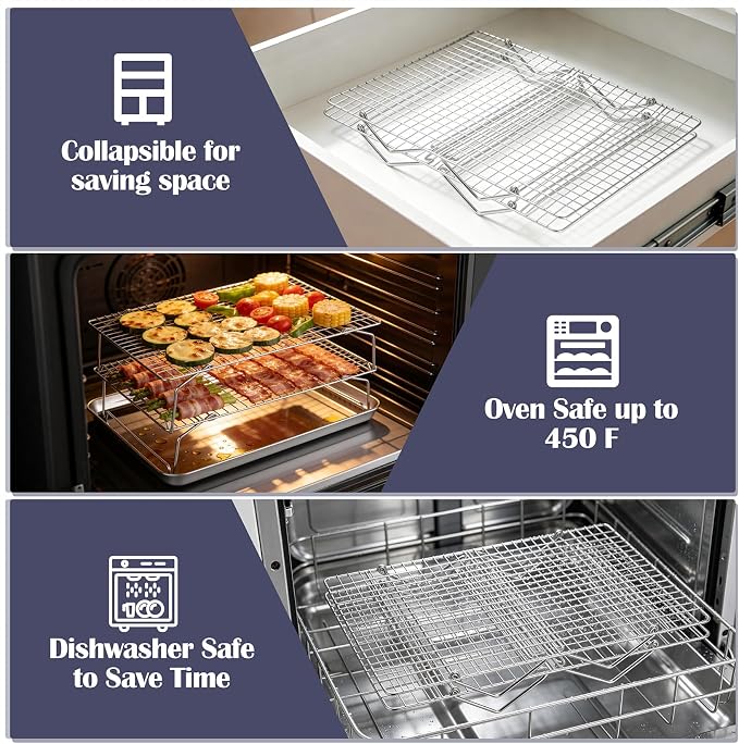 P&P CHEF 2 Tier Stackable Cooling Racks for Cooking and Baking, 15" x 10" | Stainless Steel Stackable Grid Cooling Rack for Cooling Roasting Grilling, Collapsible & Heavy Duty, Oven & Dishwasher Safe
