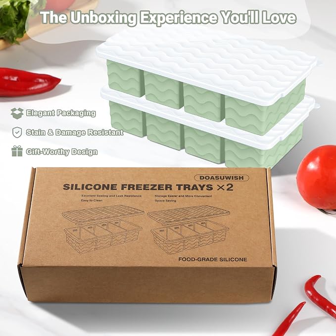 Doasuwish Silicone Freezer Tray for Soup with Lid – 1-Cup Soup Container Cube Style Ice Cube Trays for Freezer, Meal Prep & Food Storage, Freeze 250mL/125mL Portions – 2 Pack