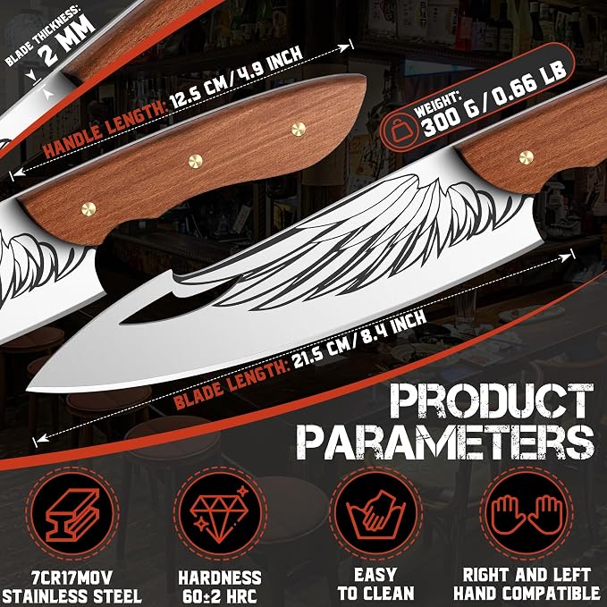 ROCOCO Cleaver Knife for Meat Cutting Butcher Viking Boning Knife Hand Forged In Fire Chopping Cutter with Sheath Outdoor BBQ Camping Birthday Christmas Chef Gift Idea Men 8.4"