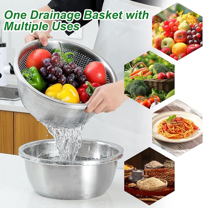 304 Stainless Steel Microporous Colander Set - 3QT Large Capacity Kitchen Strainer, Dishwasher Safe for Vegetable/Fruit/Rice Washing & Cooked Pasta Draining (2PC)