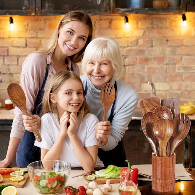 AIUHI Teak Wood Cooking Utensils Set, 9 Pieces Non-Toxic Wooden Spoons, Spatulas, Salad Fork, Strainer Spoon, Spoon Rest, BPA-Free, Safe for Non-Stick Cookware, Durable & Easy to Clean