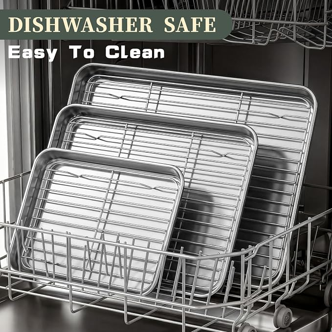 Stainless Steel Baking Sheet Tray Cooling Rack with Silicone Baking Mat Set, 9/12/16 Inch Cookie Sheet Baking Pan with Wire Rack Set, Set of 9 (3 Sheets + 3 Racks + 3 Mats), Heavy Duty & Rust Proof
