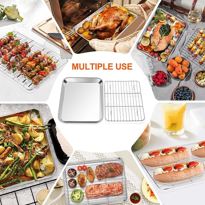 Homikit Small Baking Sheet with Rack Set for Toaster Oven (2 Pans+2 Racks) | 10.4x8 Inch Stainless Steel Cookie Pans with Wire Cooling Racks Set, Metal Bacon Crisp Trays Non Toxic, Dishwasher Safe