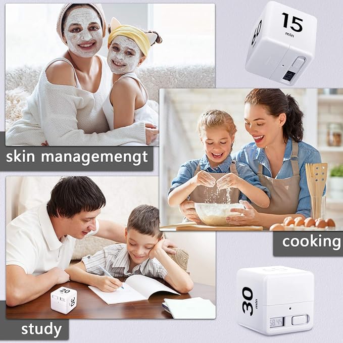 Weewooday 2 Pieces Cube Productivity Timer Flip Gravity Sensor Flip Countdown Countup Workout Timer Management 1 3 5 10 Minutes and 15 20 30 60 Minutes for Back to School Work Kitchen(White)