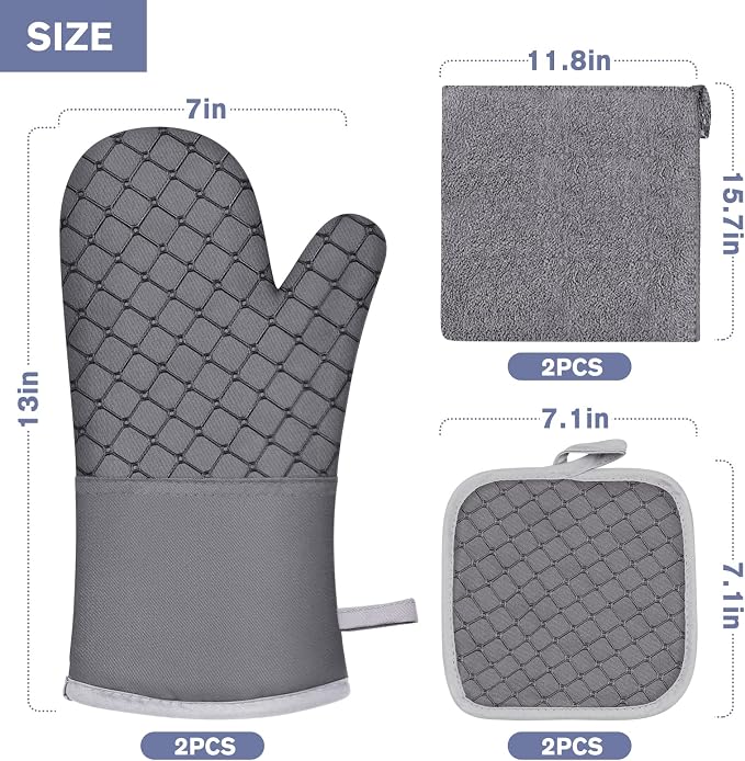 6 Pcs Oven Mitts and Pot Holders, 500℉ Heat Resistant Oven Mitts with Kitchen Towels Soft Cotton Lining and Non-Slip Silicone Surface Safe for Baking, Cooking, BBQ (Grey)