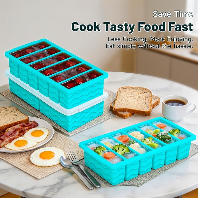 3-Pack Silicone Freezer Trays with Lid, Soup Freezer Container Molds, Silicone Freezer Molds, Ice Cube Tray for freezing Soup Sauce Broth Leftovers, Dishwasher & Oven Safe (1/2-cup,blue)