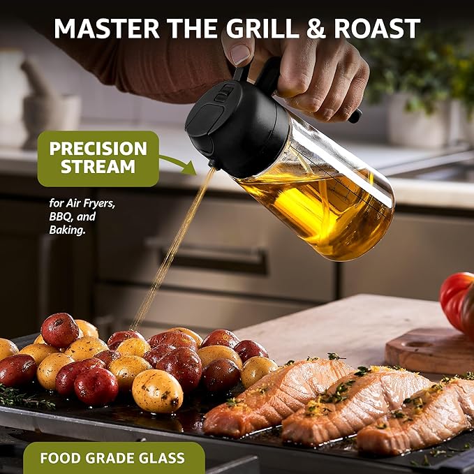 FineDine 16 oz Glass Olive Oil Sprayer for Cooking, Oil Dispenser, Black | Glass 2-in-1 olive oil dispenser bottle, oil dispenser for kitchen, oil spray bottle, mist or stream, anti-drip spout, salads