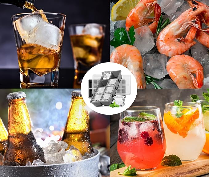 Large Ice Cube Trays with Lid, Jrisbo 2 Pack Stackable Silicone Ice Cube Molds for Freezer, Easy Release 16 Big Square Ice Trays for Whisky Cocktails (2 Black2 Gray)