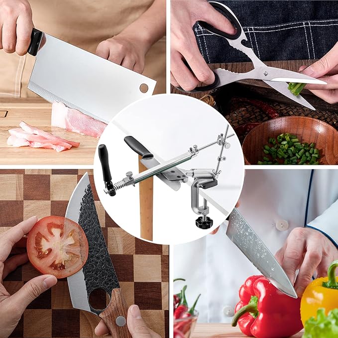 RUIXIN PRO RX-008 Professional Knife Sharpener with 7 Whetstones, 360° Rotation Flip Design Fixed-Angle Aluminum Alloy Kitchen Chef Knife Sharpening Kit Abrasive Holding System Tools