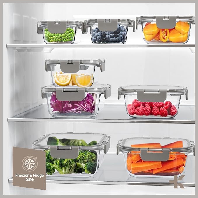 Bakken Borosilicate Glass Food Storage Containers with Lids 24 Pieces, BPA-Free Stackable Lunch & Leftover Containers, Microwave, Freezer & Dishwasher Safe, 100% Airtight Leak-Proof, Gray