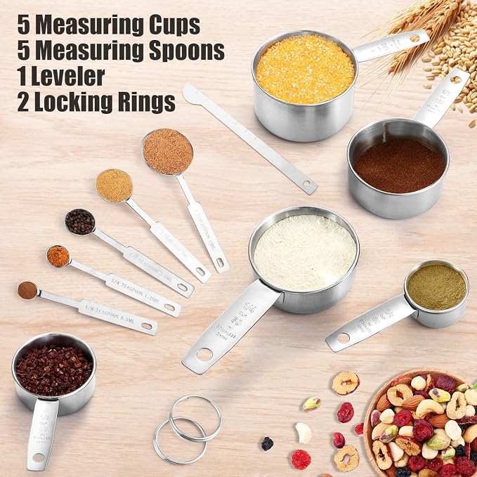 11 PCS Stainless Steel Measuring Cups Spoons Set, 5 Nesting Cups and 5 Stackable Spoons with 1 Leveler Measuring Tools Set for Dry Liquid Ingredients Cooking Baking