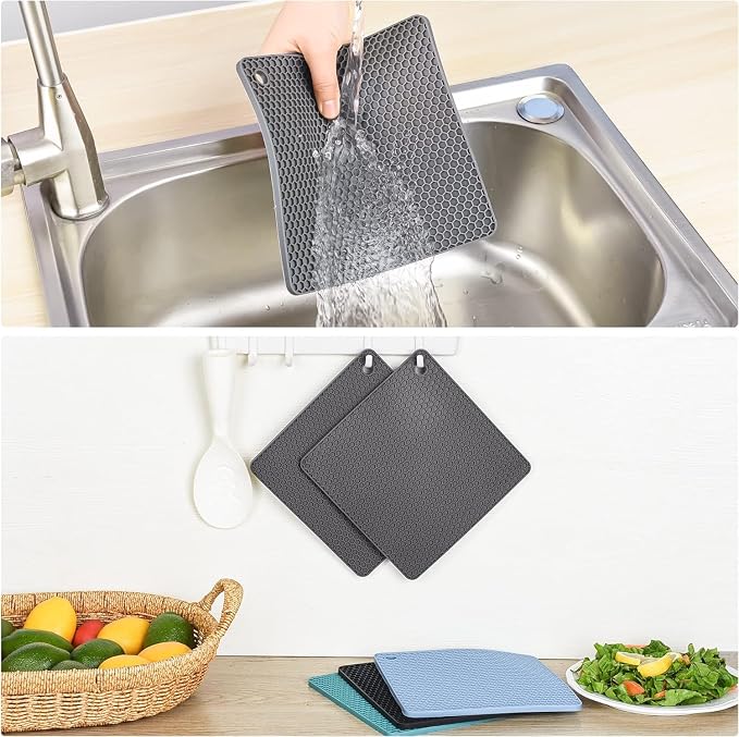 Silicone Trivets Mats, Silicone Hot Pads for Pot Holder, Square Trivets for Hot Dishes, Pots and Pans, Multi Purpose Hot Pads for Kitchen Counter, Non Slip Heat Resistant Mats Set 4 Teal